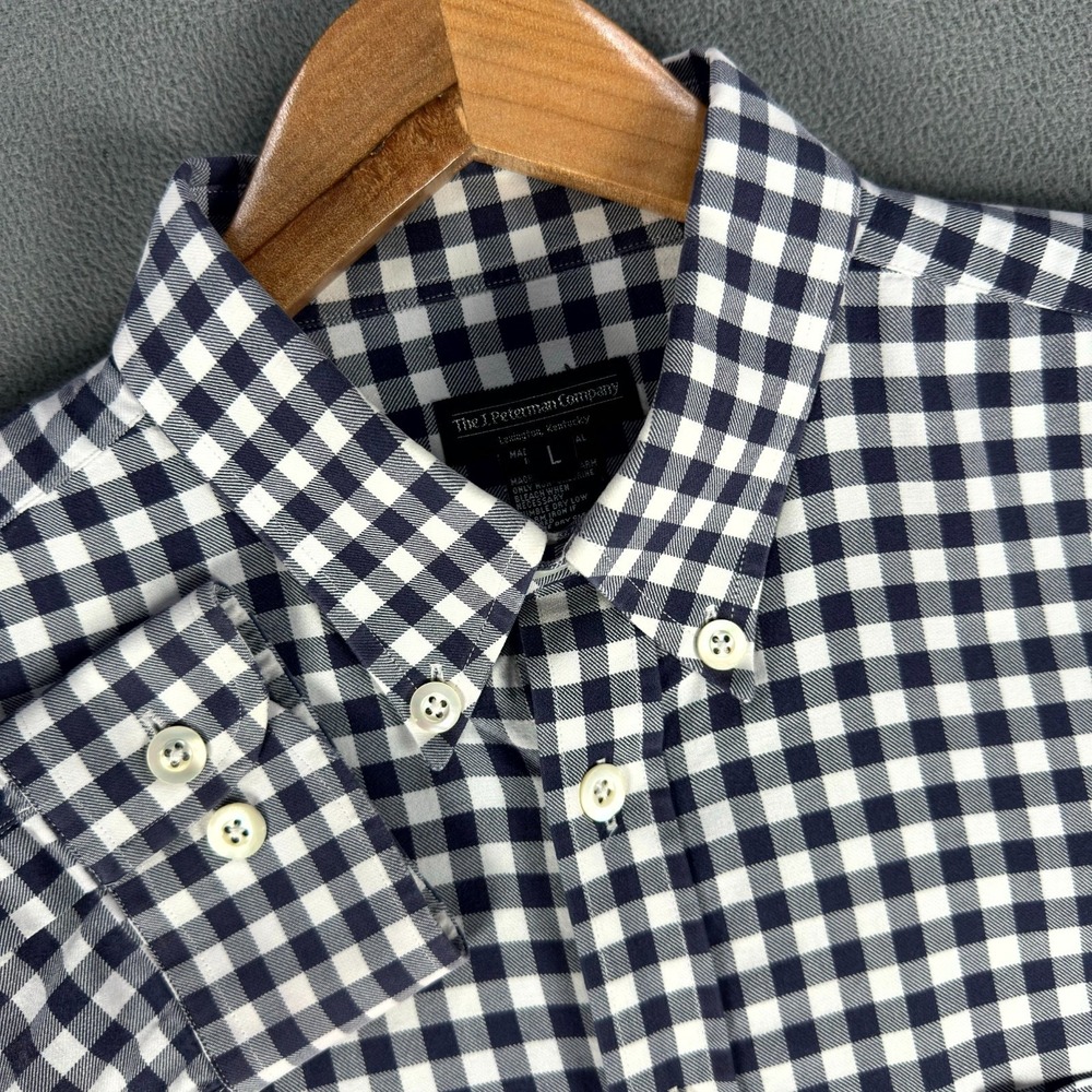 J Peterman Shirt Mens Large White‎ Blue Gingham Check Twill Minimalist Luxe